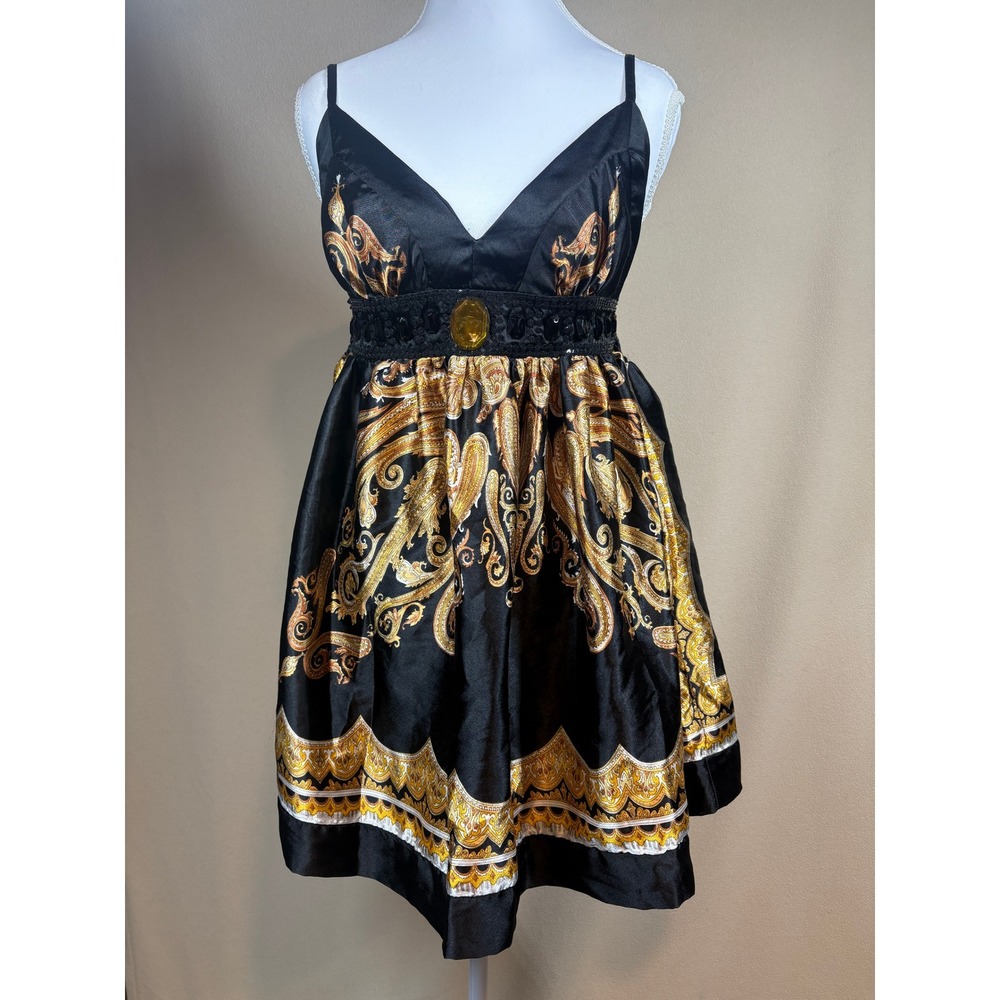Vtg Babydoll Top‎ Sz Small Black/Gold Satin Rhinestones Maximalist Festival FLAW